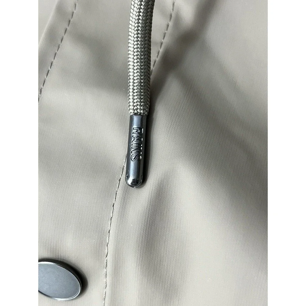 RAINS Brand Unisex Sz Large Classic Taupe Long Waterproof Rain Jacket Snap Front - Picture 12 of 15